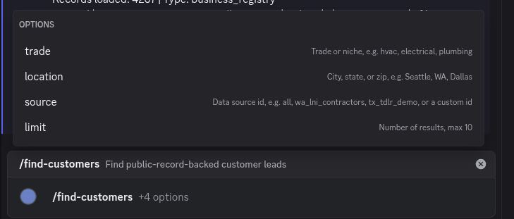 Discord showing the /find-customers slash command with trade, location, source, and limit options