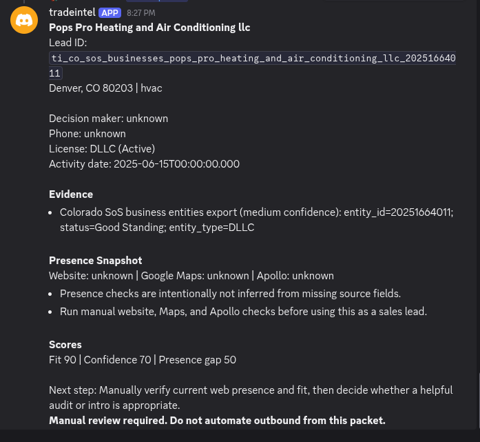 Discord showing /find-customers results for hvac in denver with scored leads from Colorado SoS