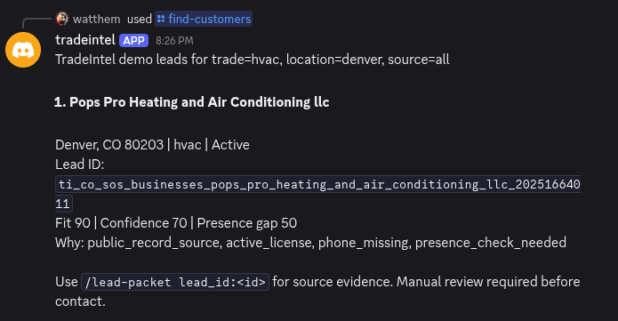 Discord showing /lead-packet output with source evidence, scores, and manual review notice