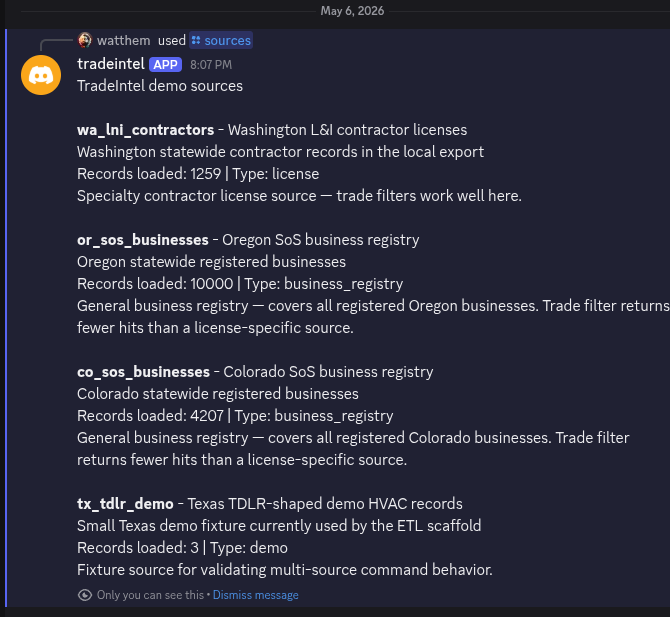 Discord showing /sources output listing wa_lni_contractors, or_sos_businesses, co_sos_businesses, and tx_tdlr_demo
